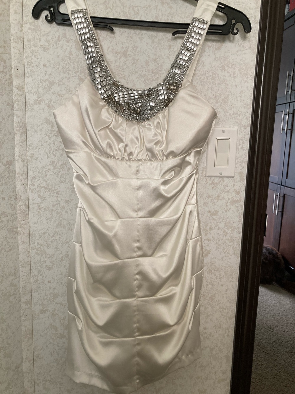 Trixxi Ivory Satin Mini Dress with Silver Beaded Straps
